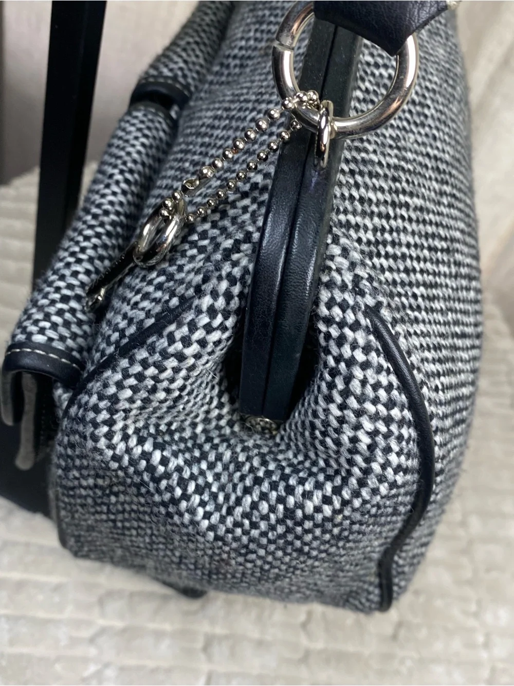 Vintage Y2K Fossil Tweed Satchel Handbag Double Pocket Frame Bag Black White